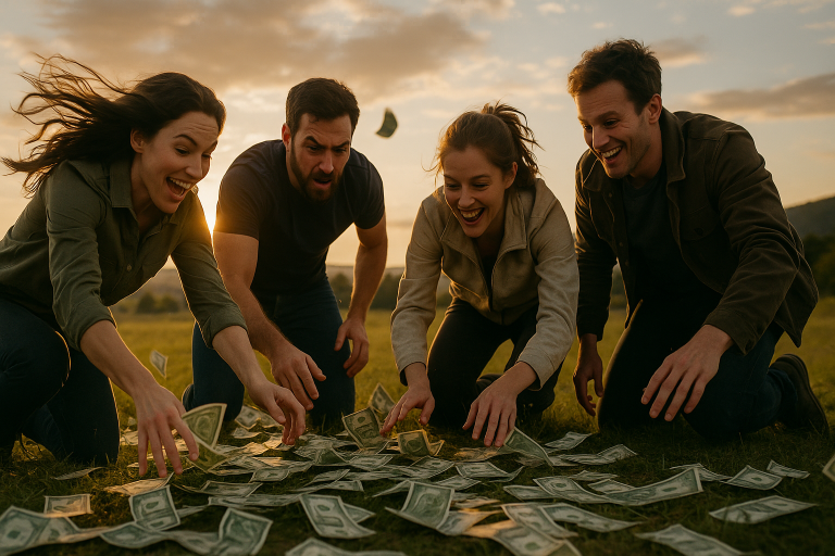 Participants in a cash hunt adventure seeking hidden treasures